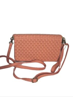 Joy Susan Woven Coral Salmon Pink Faux Vegan Leather Crossbody Clutch Bag